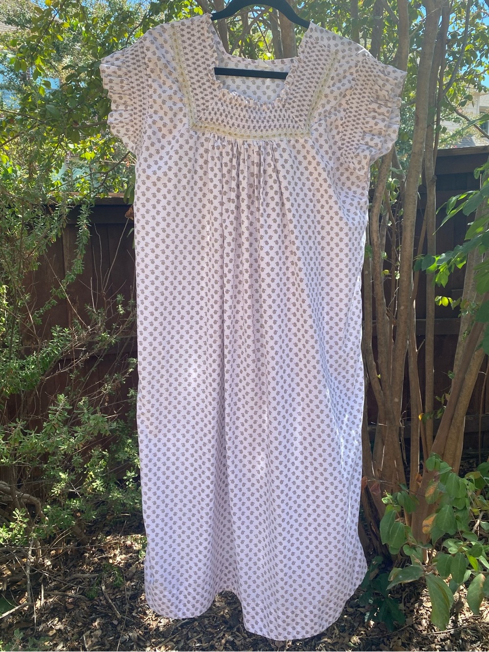 Women’s Vintage Floral Nightdress with Ruffles & Smocked Yoke and Sleeves